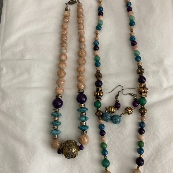 Double Set of Blue/Turquoise/Purple Necklace & Earrings - Picture 1 of 1